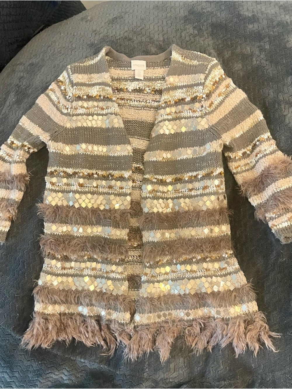 Chico's Beige, Cream & Gold Striped Textured Open Cardigan